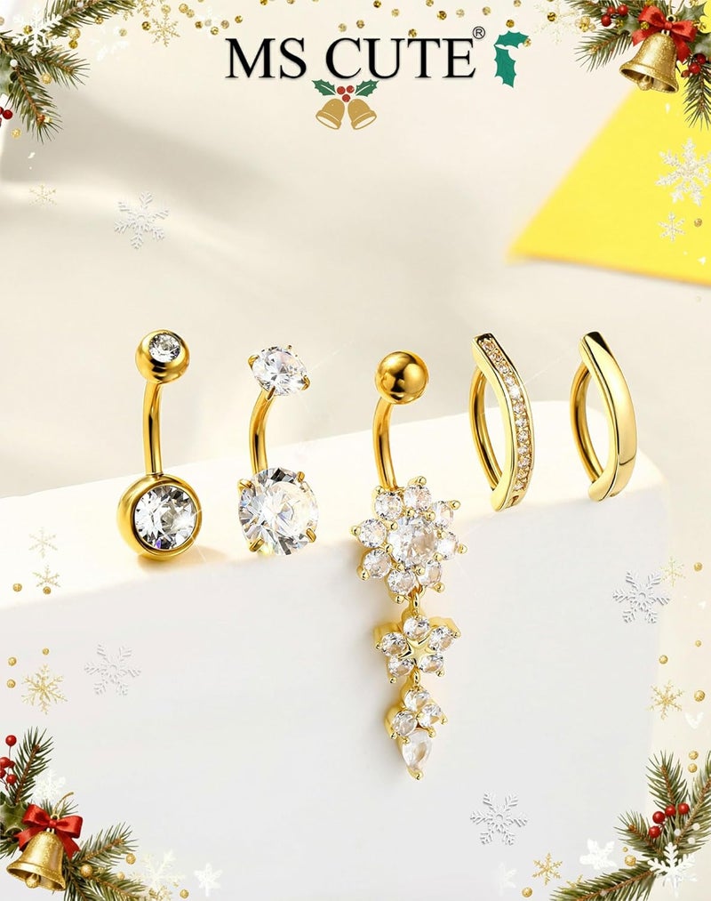 MS CUTE 5PCS Belly Button Rings for Women 14G Dangle Navel Piercing Jewelry Set Surgical Stainless Steel Body Jewelry with CZ Butterfly Flower Teardrop Barbell for Beach Festival Daily - Image 5